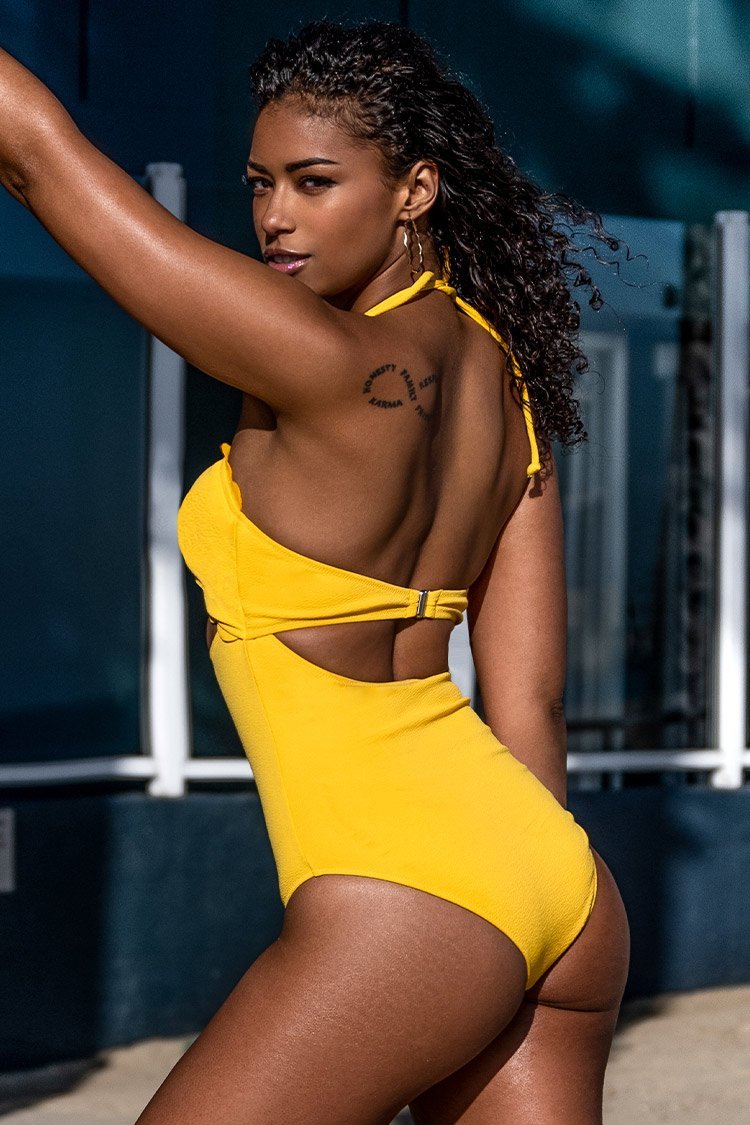 Yellow Scalloped Cutout One-Piece Swimsuit