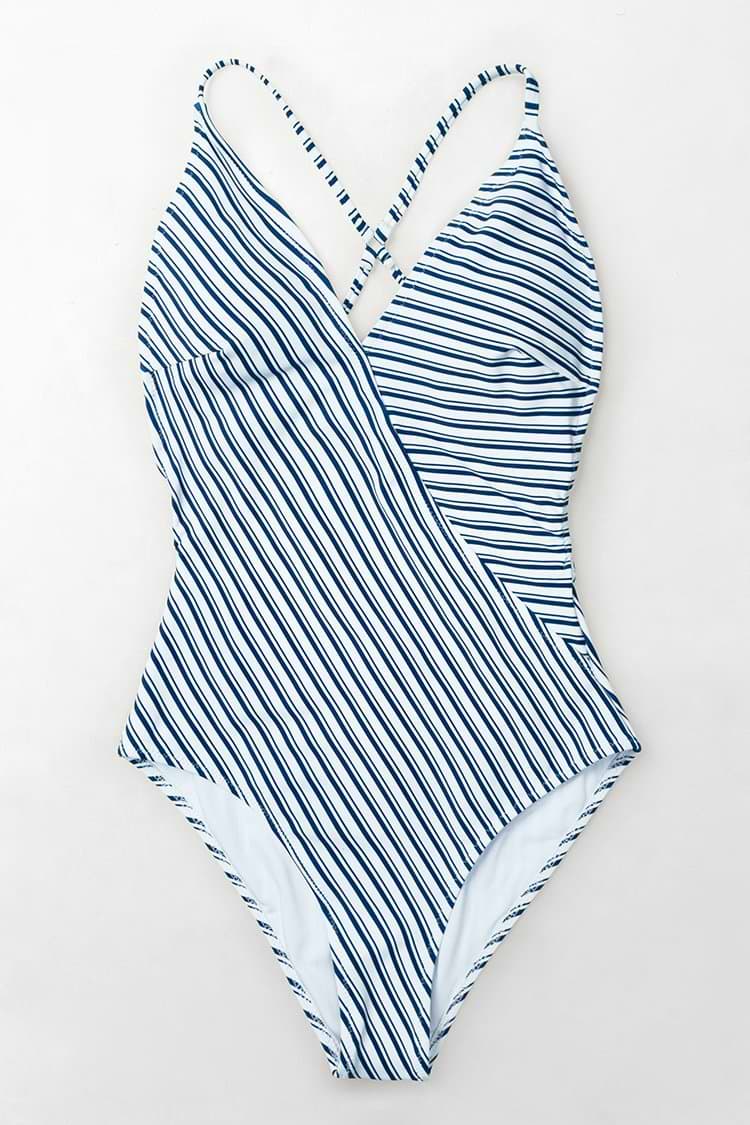 Blue And White Striped One-Piece Swimsuit