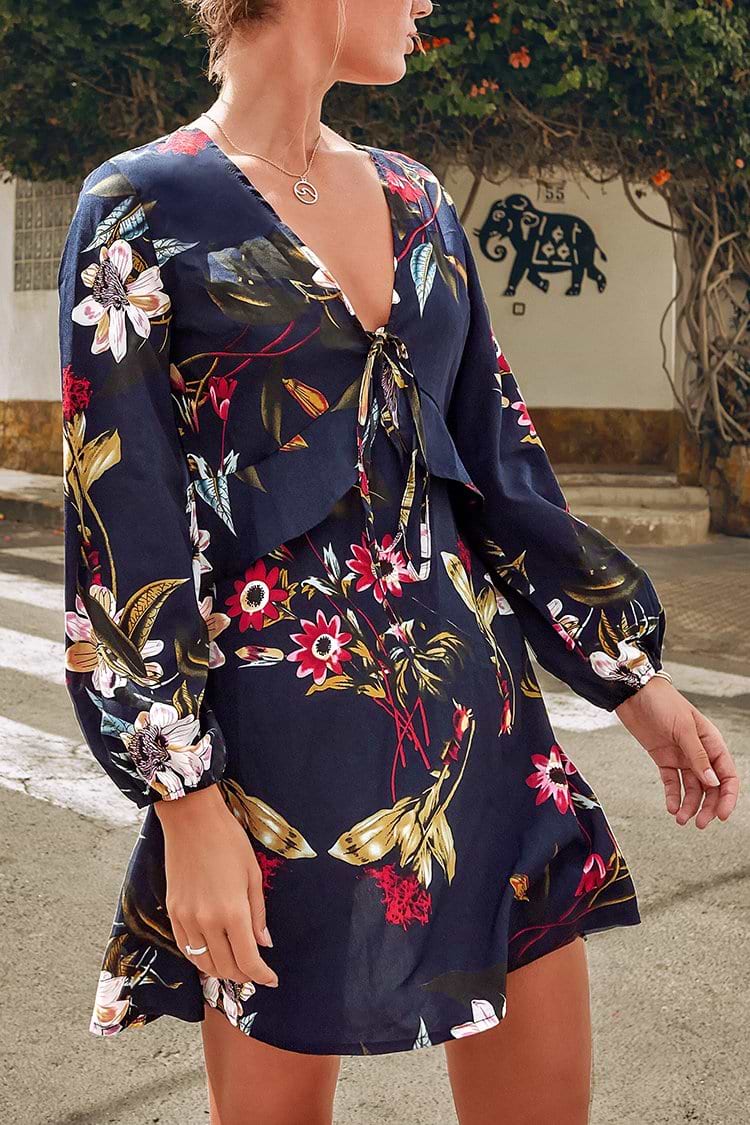 Black Floral Puff Sleeve V-Neck Mini Dress