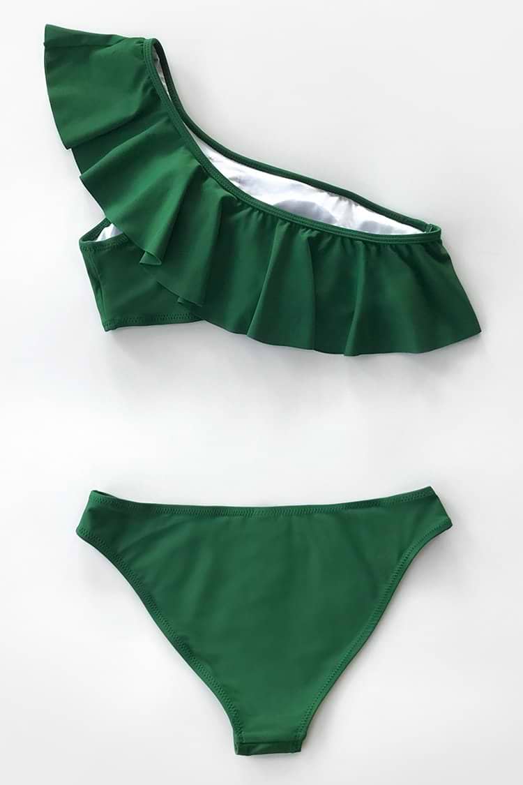 Green Ruffled One Shoulder Bikini