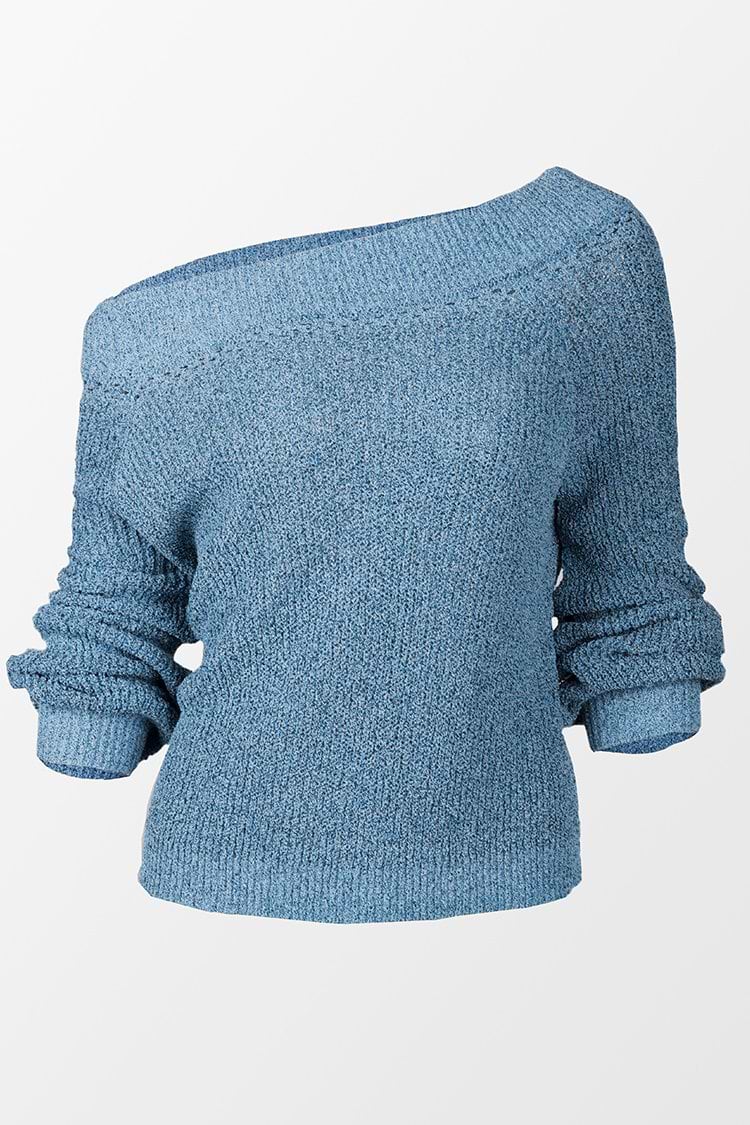 Blue Chunky Off-The-Shoulder Sweater