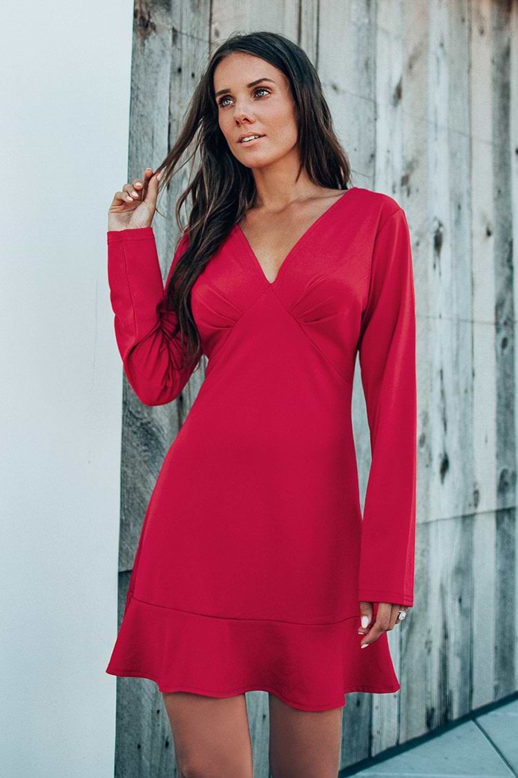 Red V-Neck Long Sleeve Short Dress