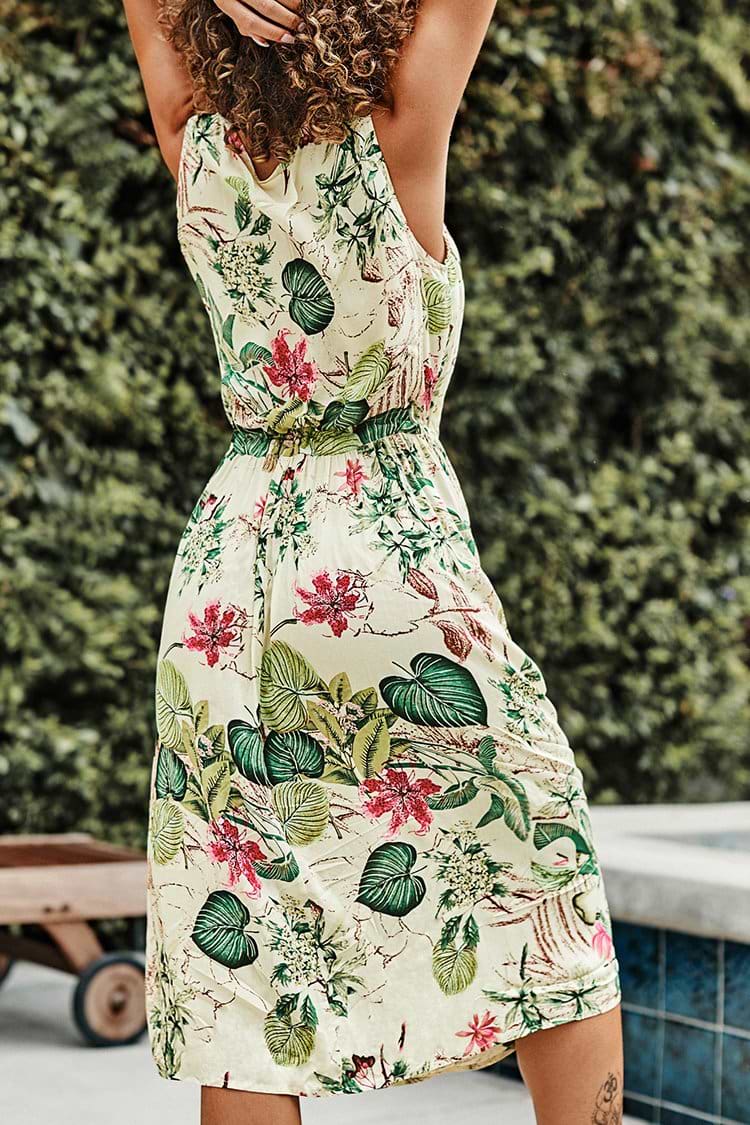 Sleeveless Tropical Print Dress with Pockets
