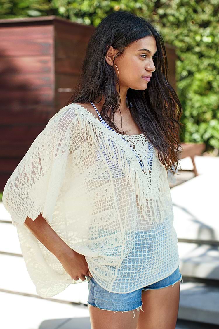 White Bat Sleeve V-Neck Cover Up