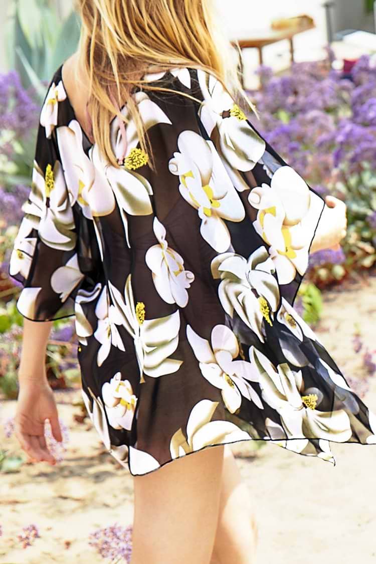 Black Pink Floral Print Cover Up