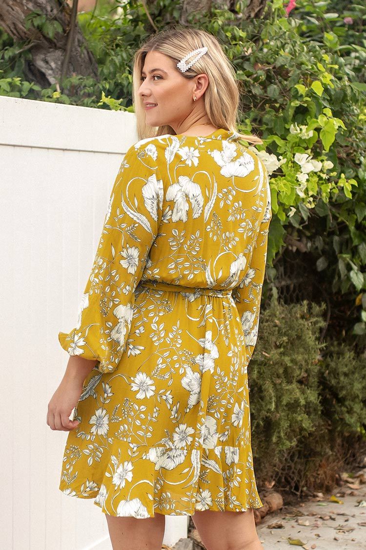 Yellow Floral Long Sleeve Plus Size Dress