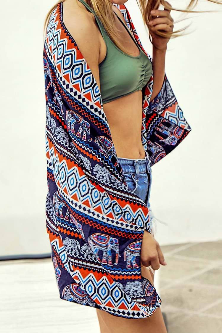 Blue And Red Elephant Print Cover Up