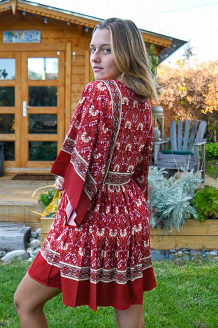 Red Boho Print Short Dress