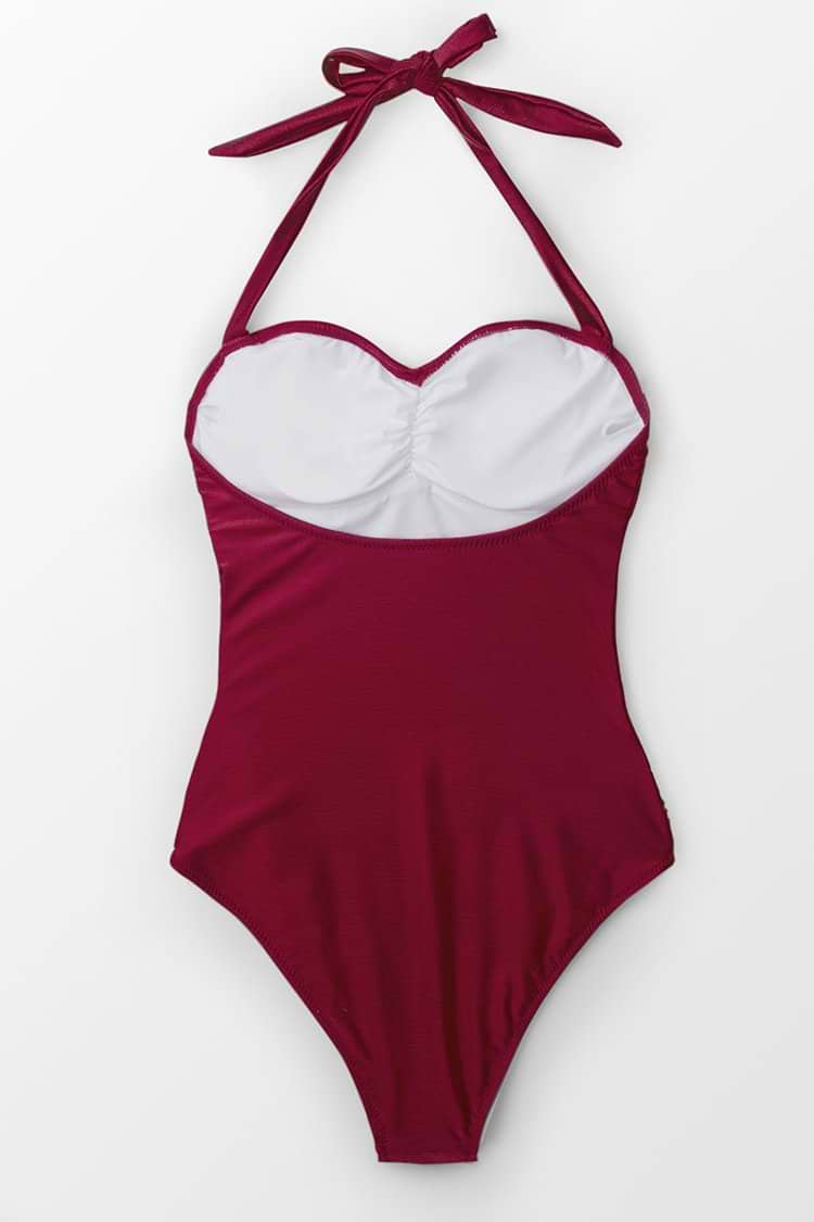 Deep Red Wine Halter One-Piece Swimsuit