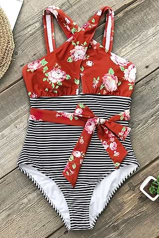 Red floral one piece swimsuit on sale