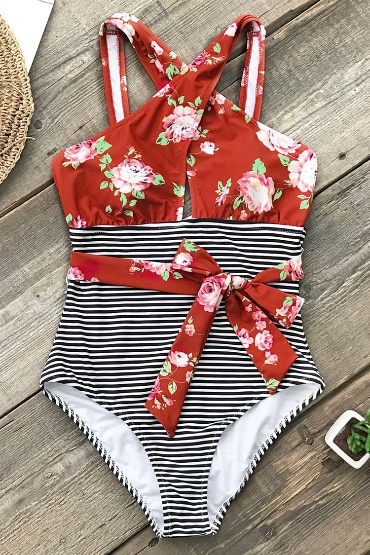 Red Floral And Stripe Belted One-Piece Swimsuit