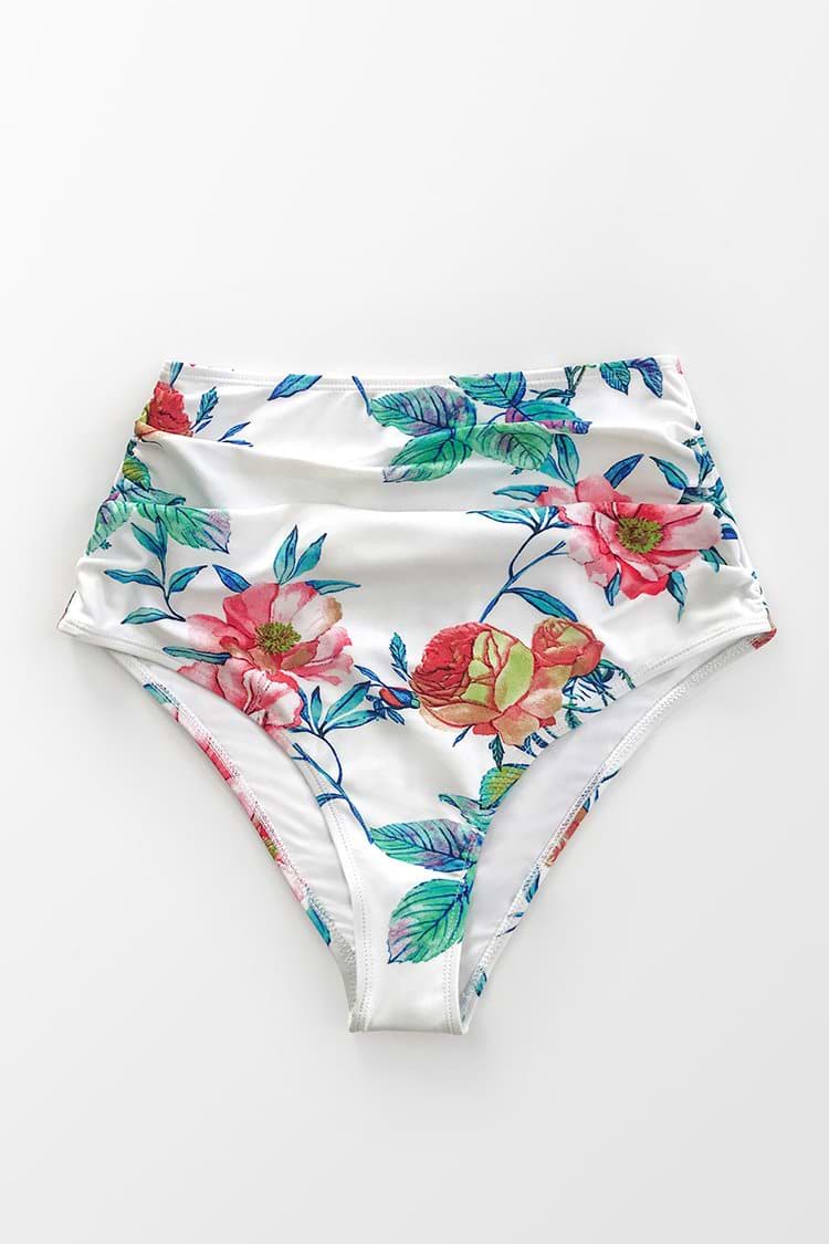 Floral Shirring High Waisted Bikini Bottom