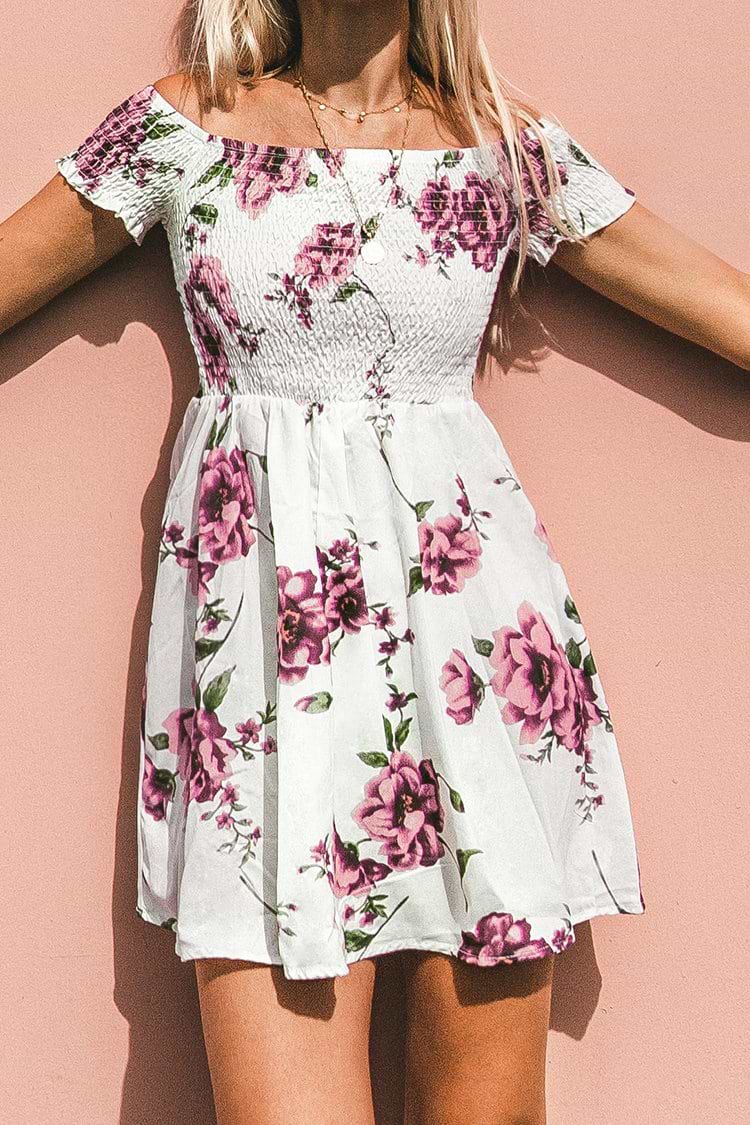 Rose Print Smocked Off-the-Shoulder Dress