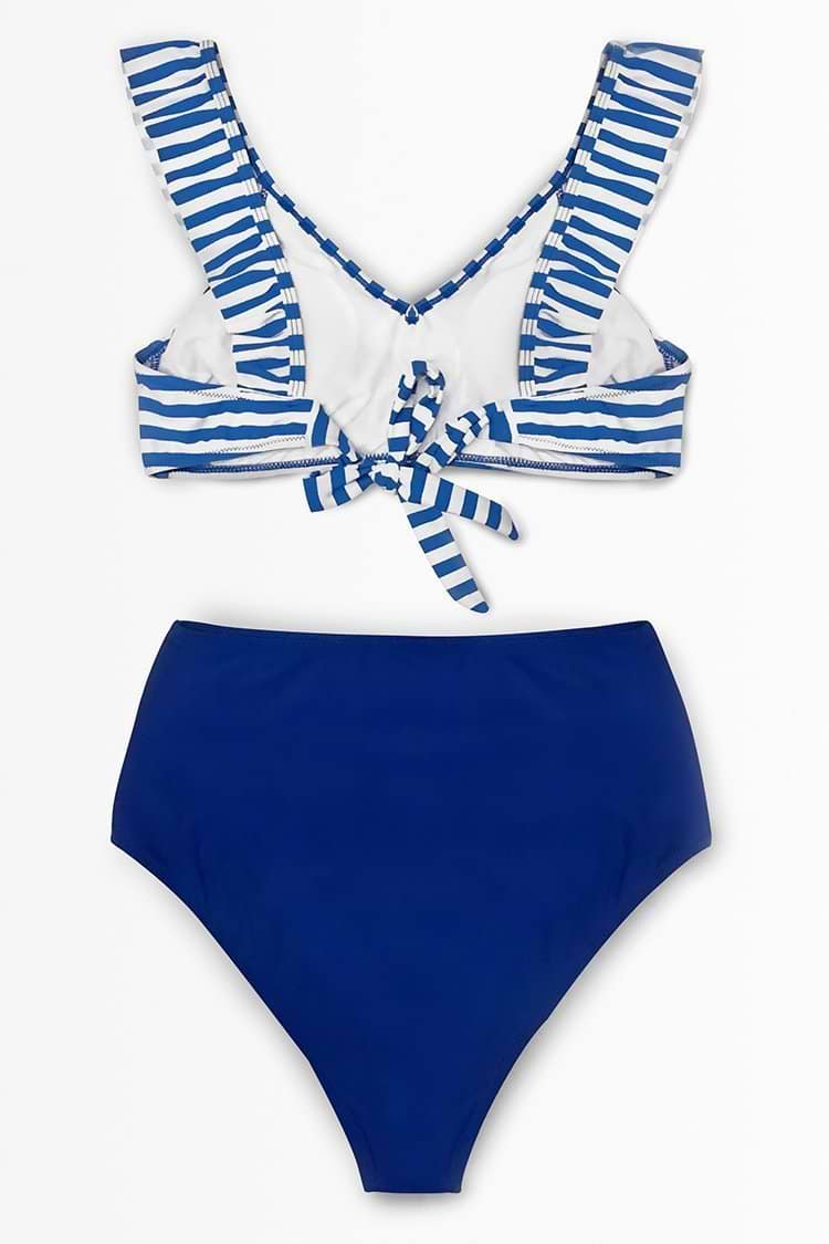 Blue Striped Bikini With Ruffle