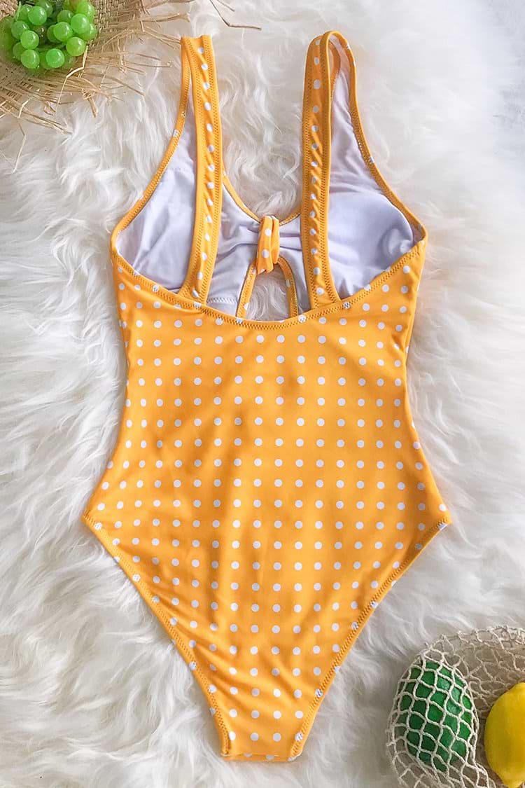 Yellow Polka Dot Front Tie One-Piece Swimsuit