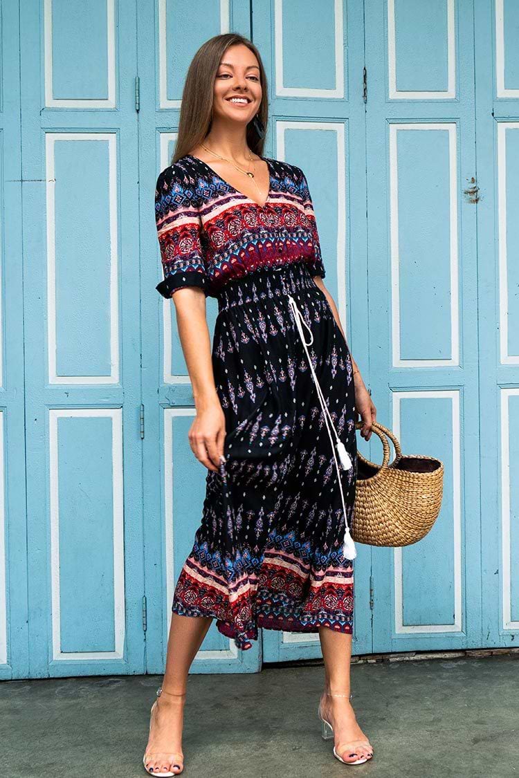 Boho V-neck Slit Midi Dress