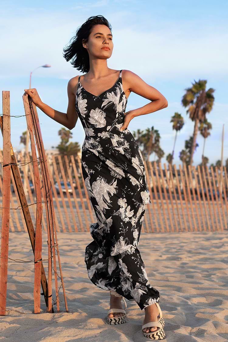 White Floral Black Dress