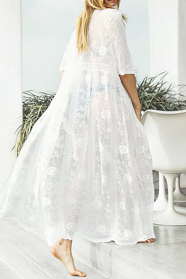 CUPSHE Women's White Lace Floral Half Sleeve Long Cover Up CUPSHE Women's White Lace Floral Half Sleeve Long Cover Up
