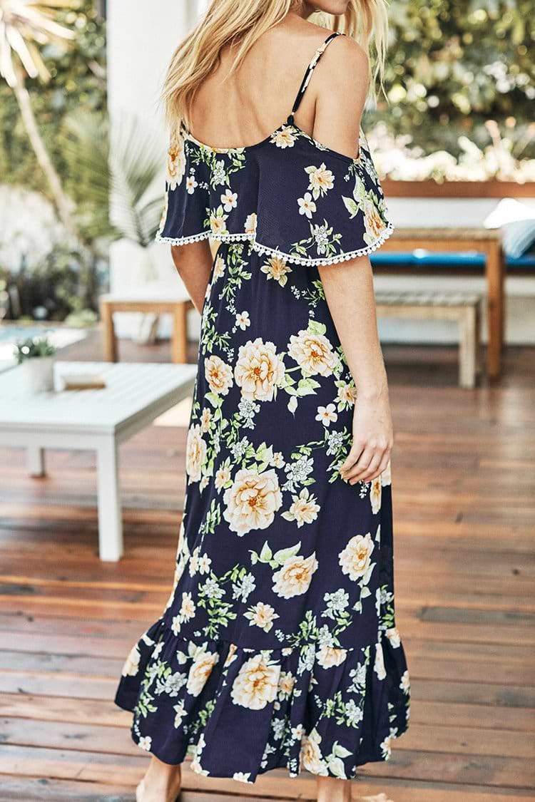 Navy Floral Print Cold Shoulder Maxi Dress