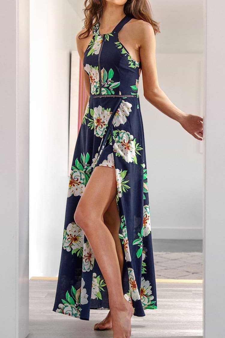 Navy Blue Floral Printed Lace Dress