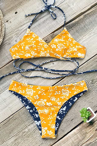Blue And Yellow Floral Reversible Bikini