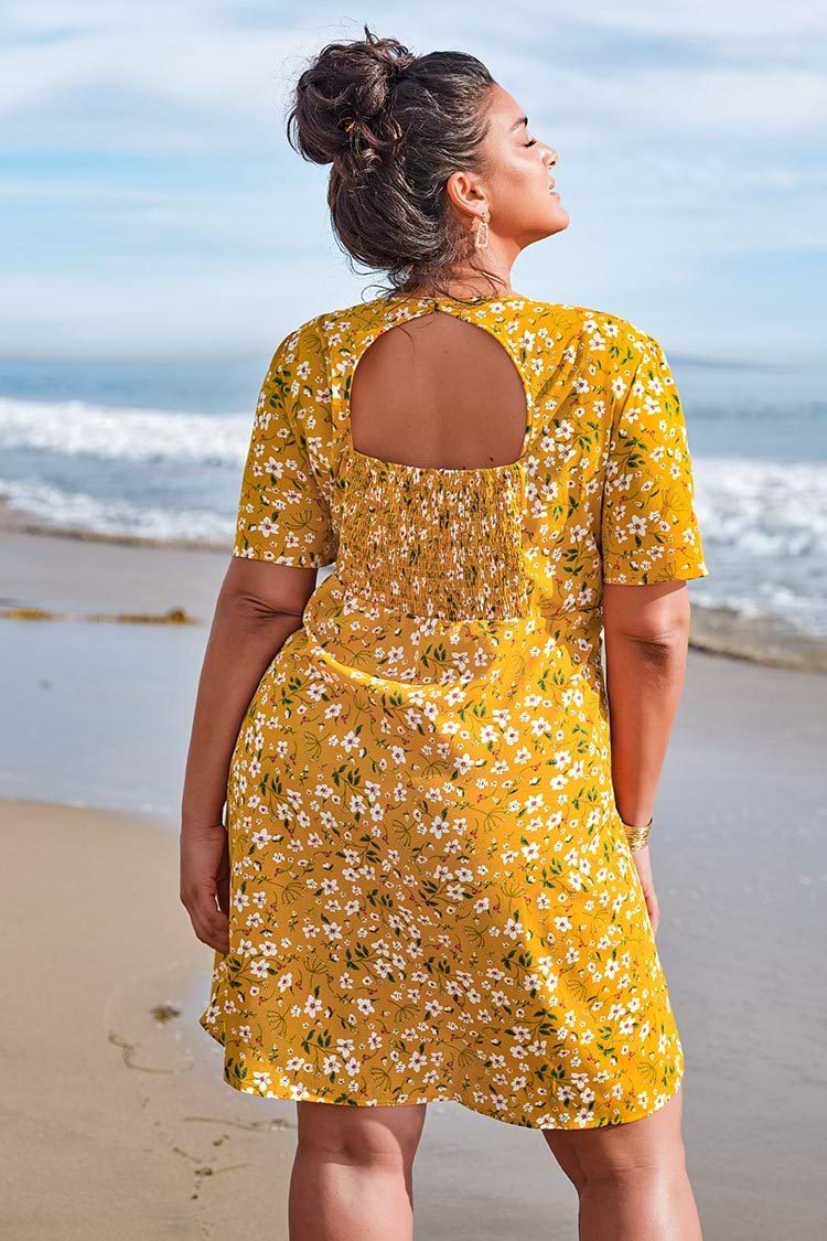 Yellow Floral Smocked Plus Size Dress
