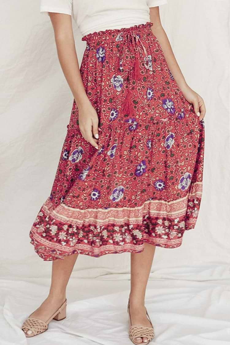 Red Floral Print Ruffled Midi Skirt