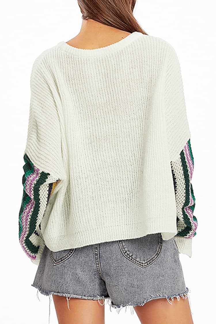 Striped Sleeves White Knit Sweater