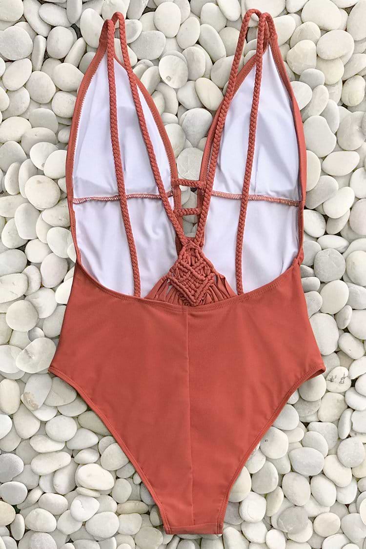 Vibrant Orange Braided Strap One-Piece Swimsuit