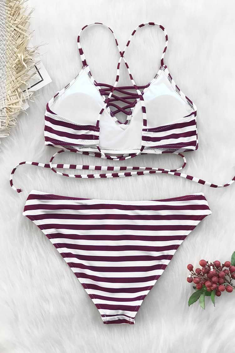 CUPSHE ウェーブストライプ柄 ビキニセット ボヘミアン Purple And White Stripe Lace-Up Bikini
