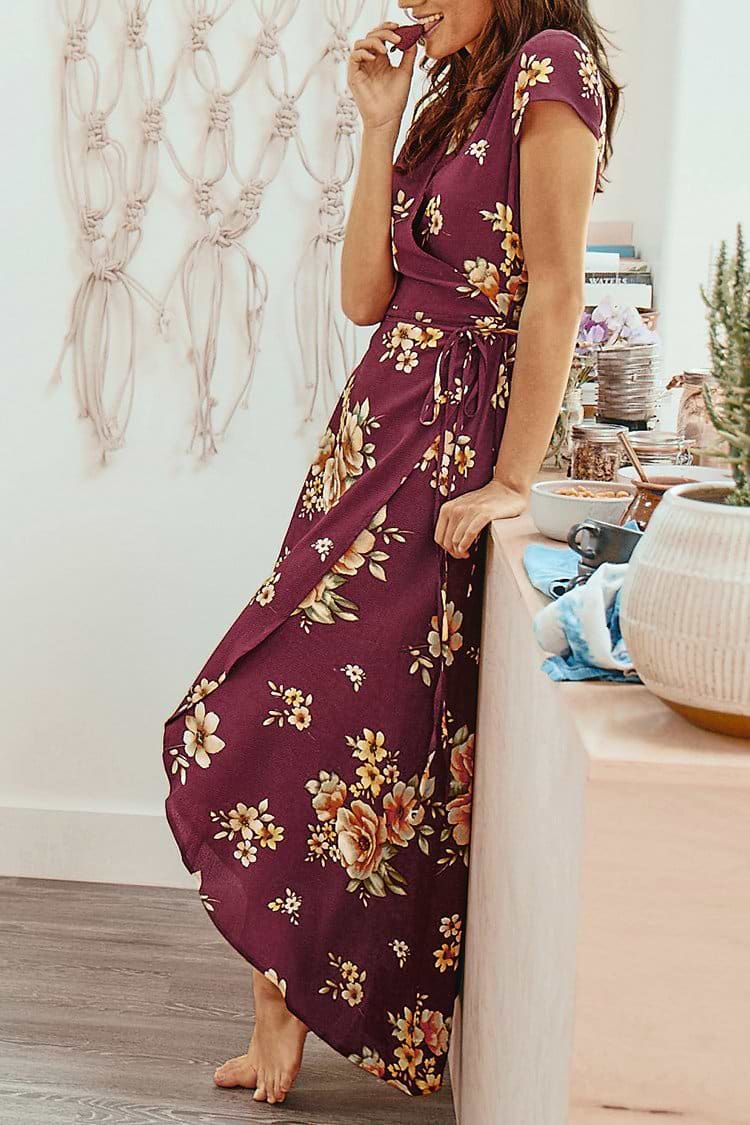 Wine Red Floral Print Pajamas Style Dress