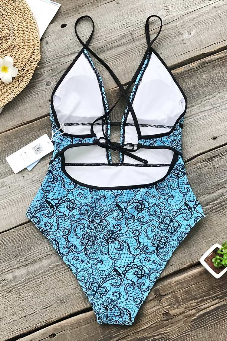 Blue And Black Print One-piece Swimsuit