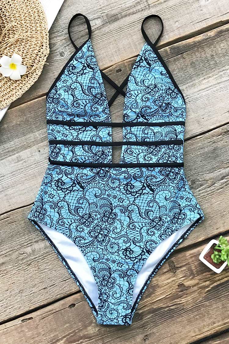 Blue And Black Print One-piece Swimsuit