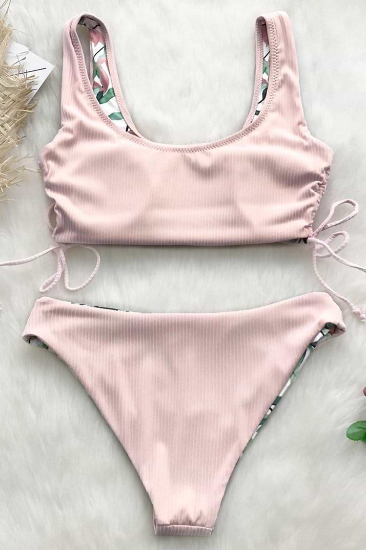 Reversible Pink And Leaves Bikini