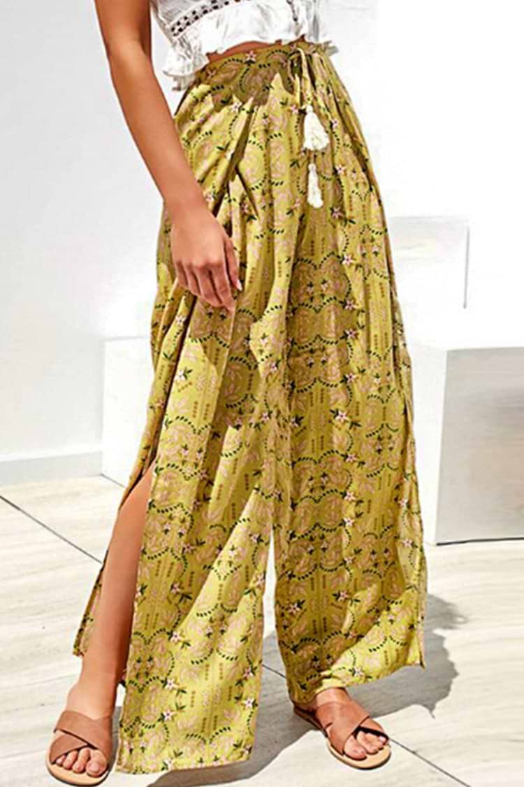 Yellow Boho Split Wide Leg Beach Pants