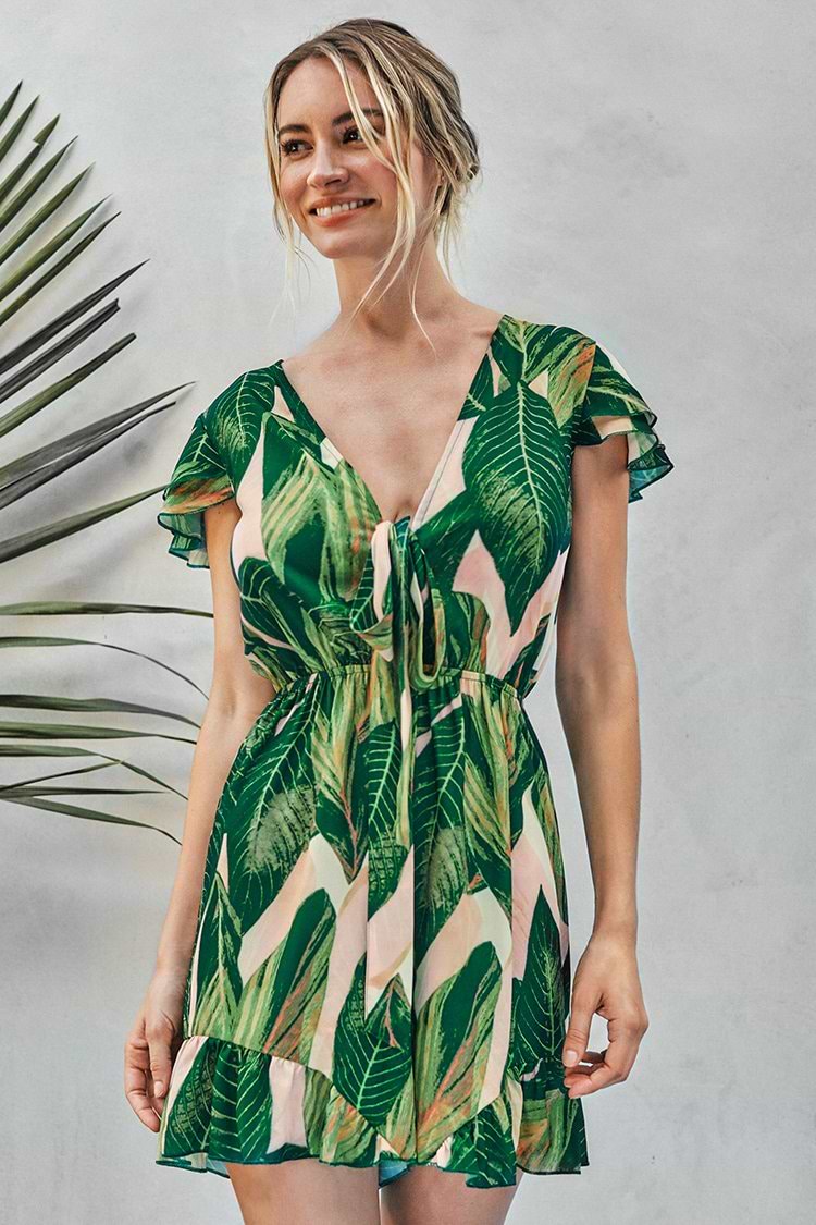 Palm Print Front Tie Romper