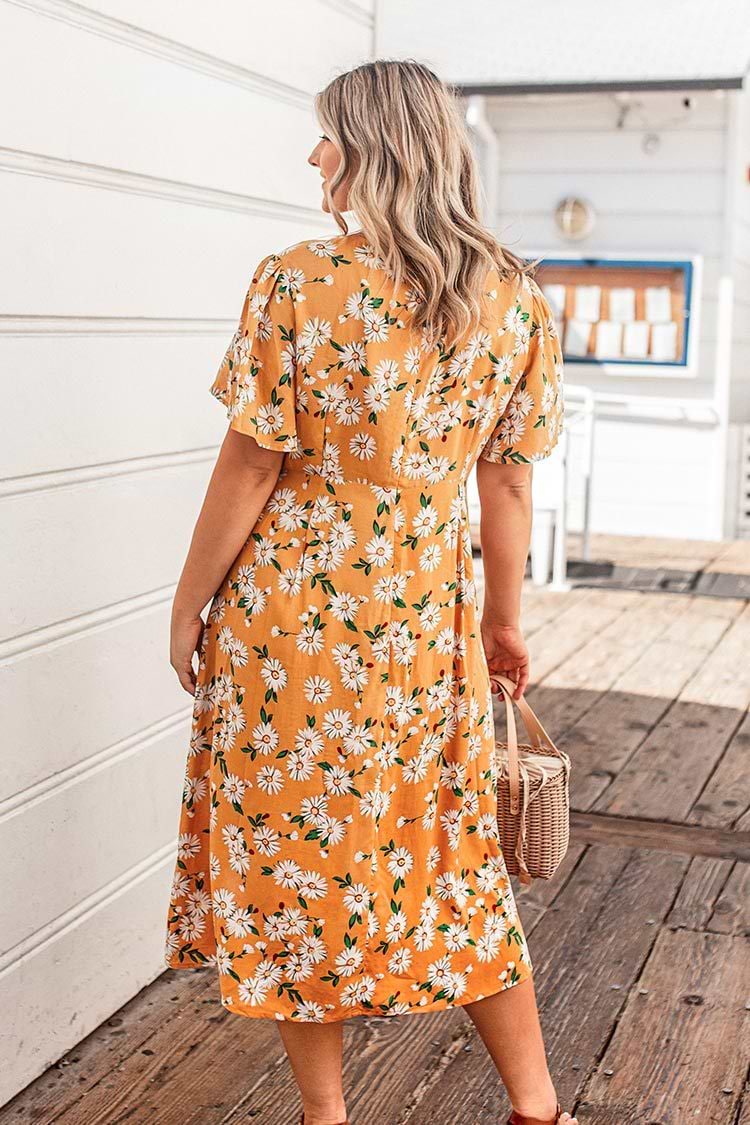 Yellow Floral Buttoned Plus Size Dress