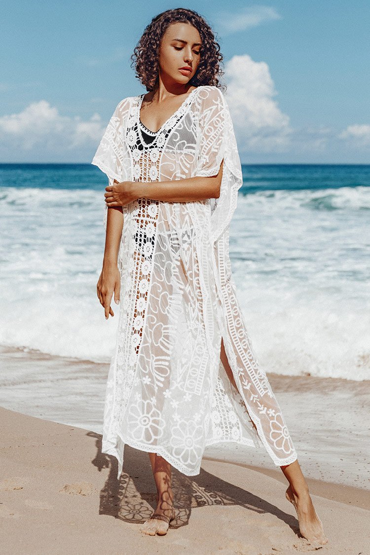 White Crochet V-neck Sheer Cover Up
