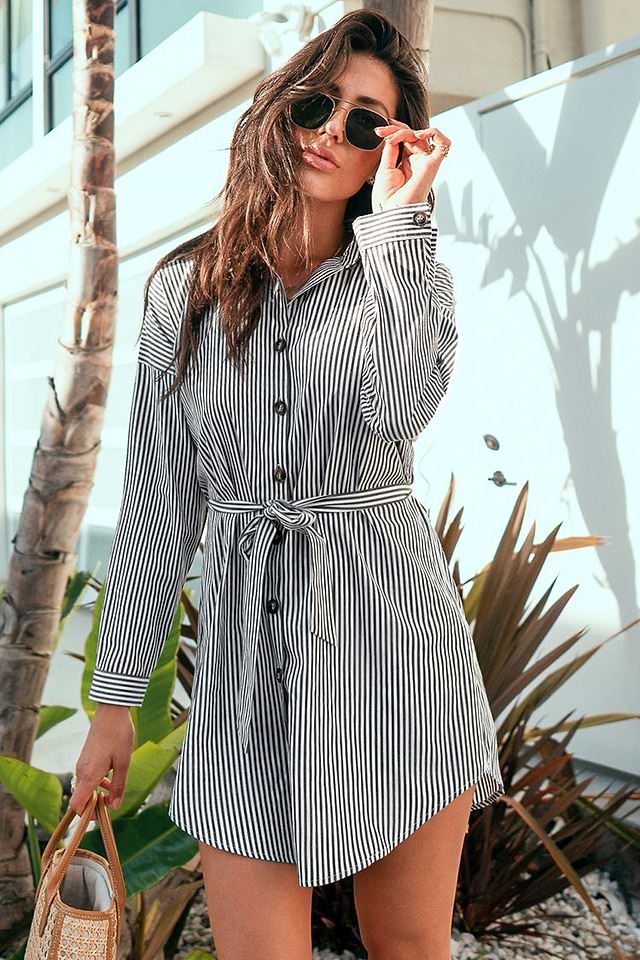 CUPSHE Women's Striped Belted Buttons Long Sleeves Shirt Dress Black White