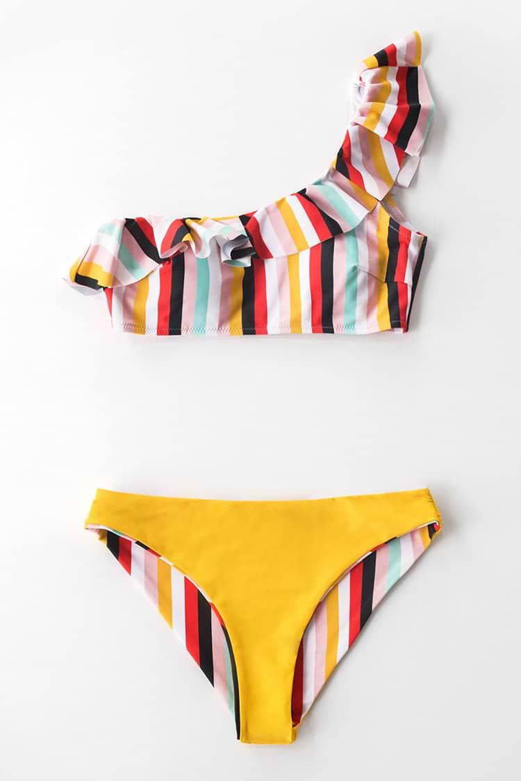 Playa Stripe Ruffled One-Shoulder Reversible Bikini