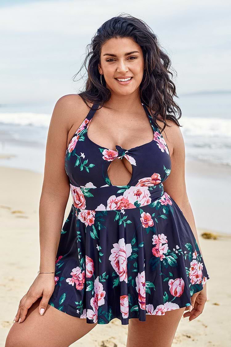 Romantic Floral Halter Plus Size One Piece Swimsuit