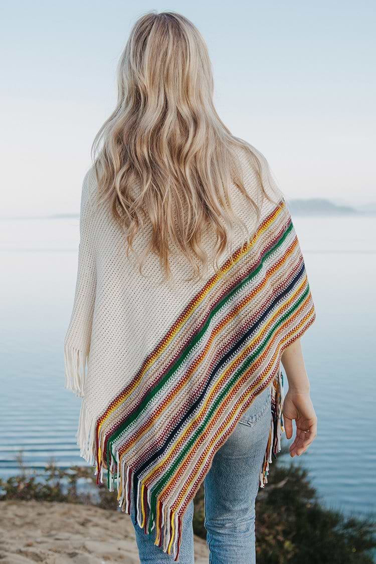 Striped Fringe Trim Poncho