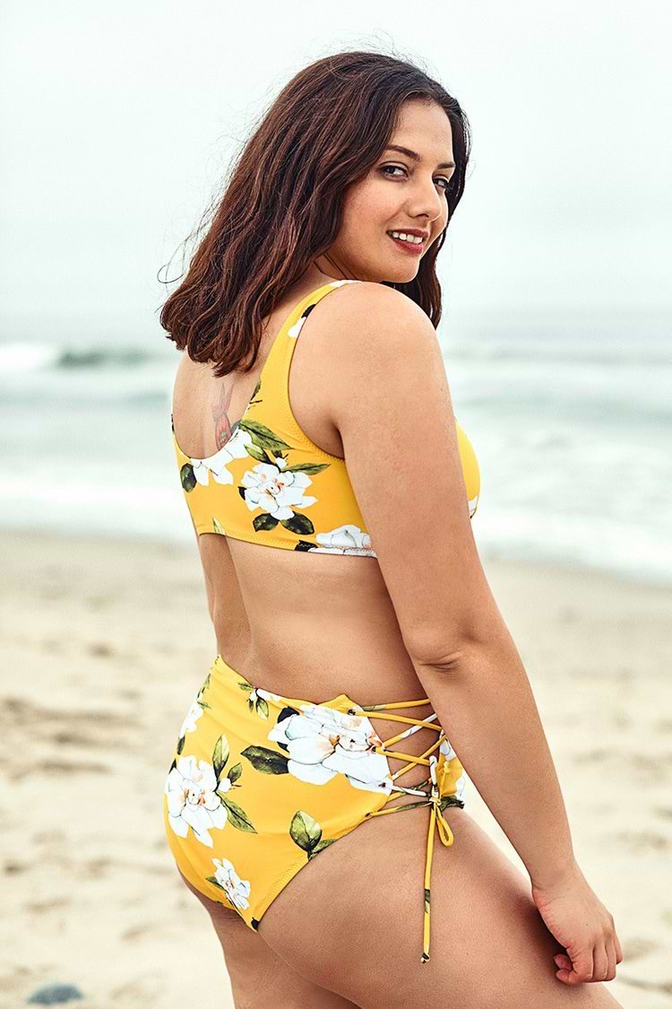 Yellow Floral Print Lace Up Plus Size Bikini