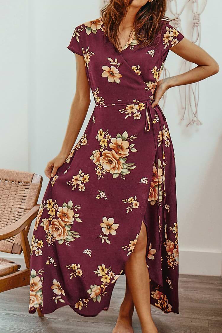 Wine Red Floral Print Pajamas Style Dress