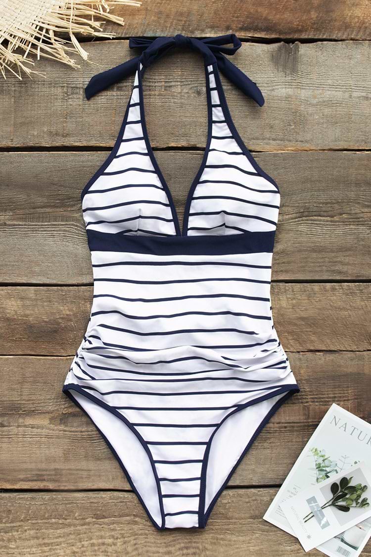 Deep Blue and White Stripe Halter One-Piece Swimsuit