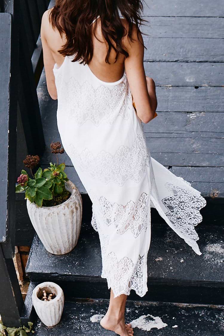 White Lace Side Slit Slip Dress