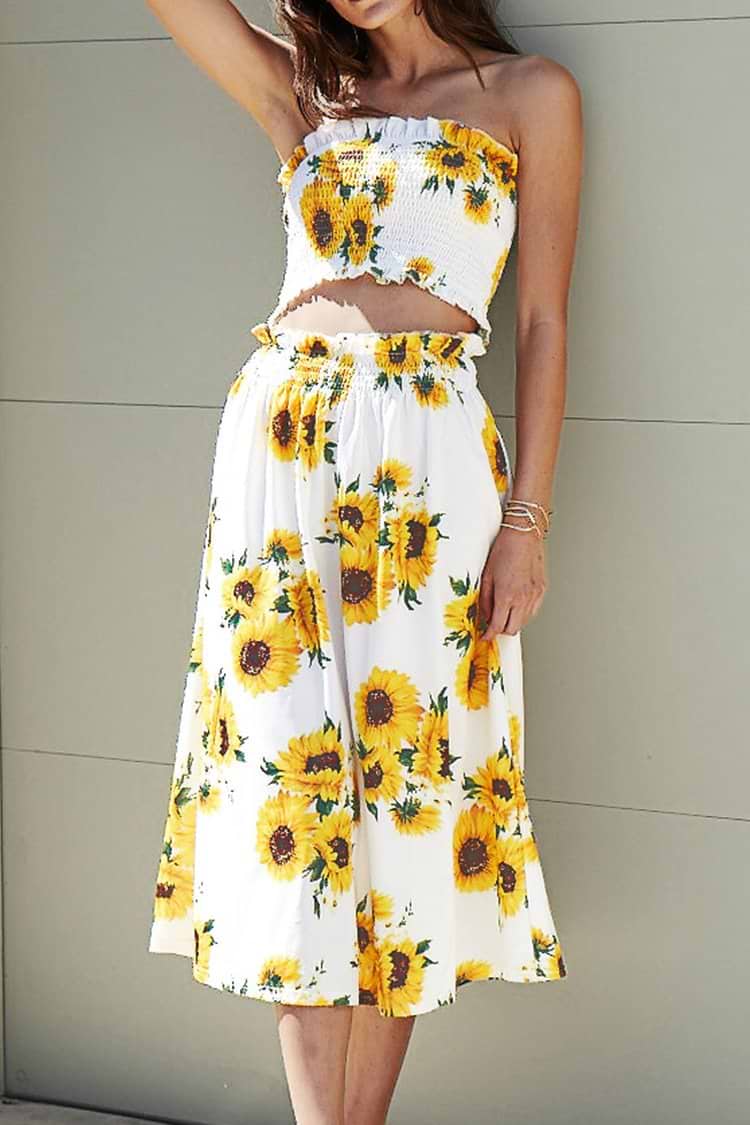 White Sun Flower Print Dress