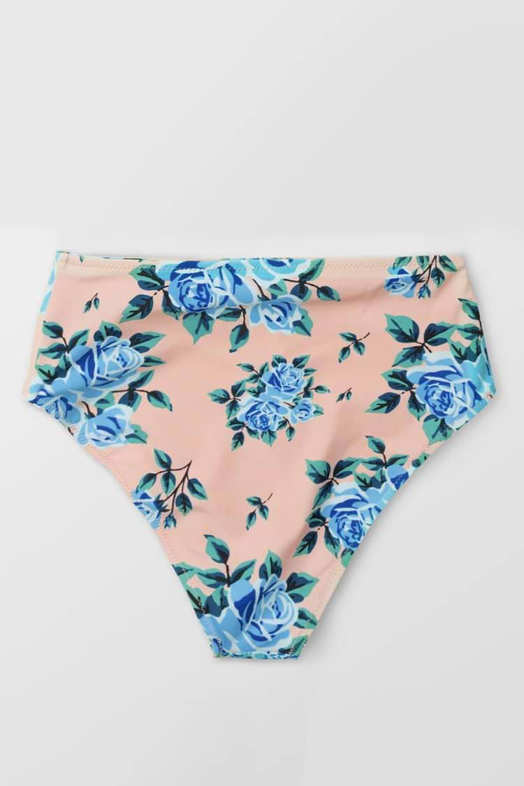 Green Striped and Floral High-Waisted Bikini Bottom