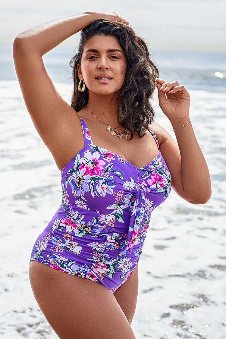Purple Floral Shirring Plus Size One Piece Swimsuit