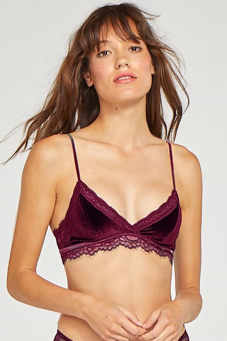Wine Red Lace Trim Velvet Bralette